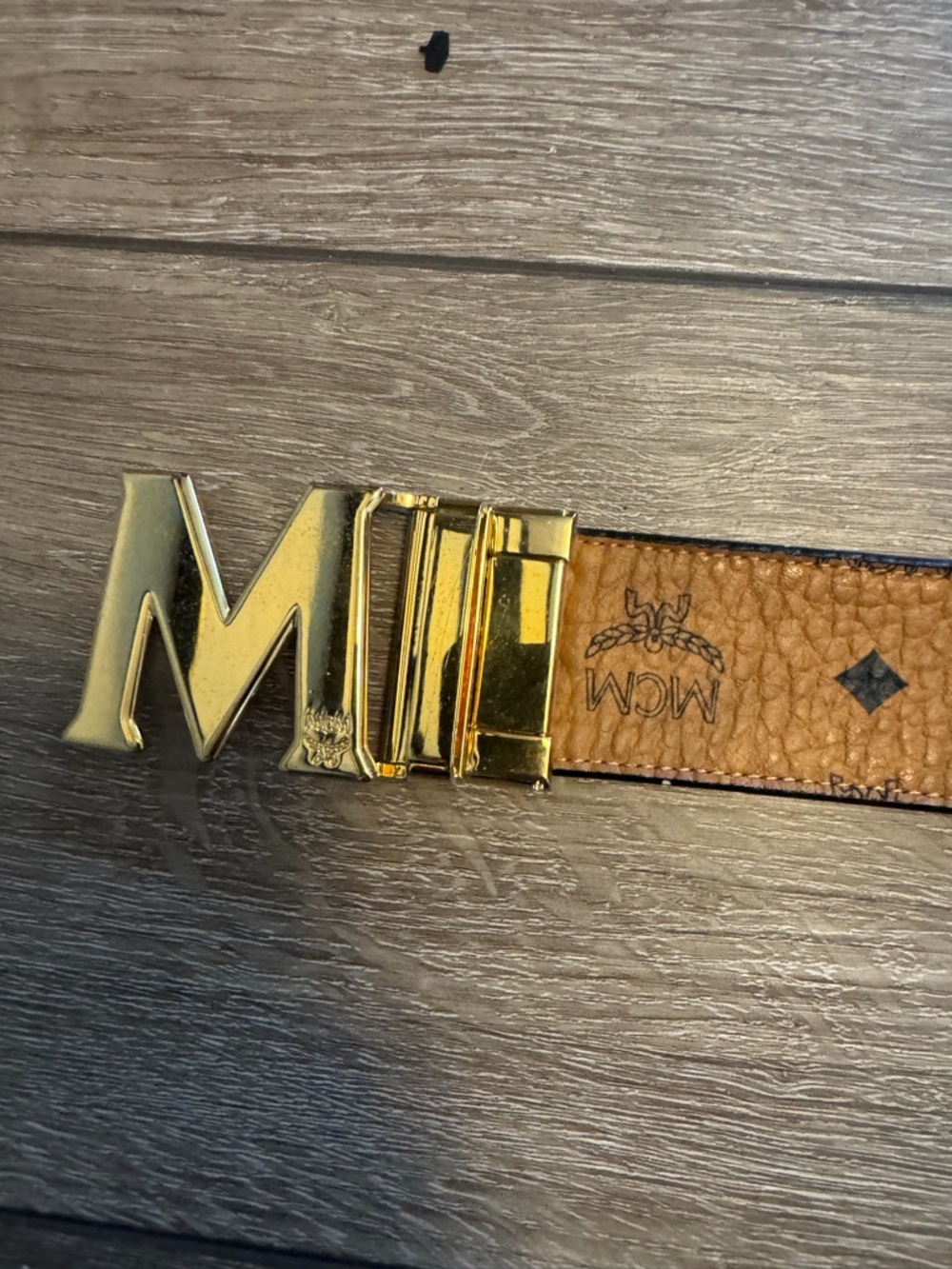 MCM Brown Logo Leather Belt with Gold M Buckle